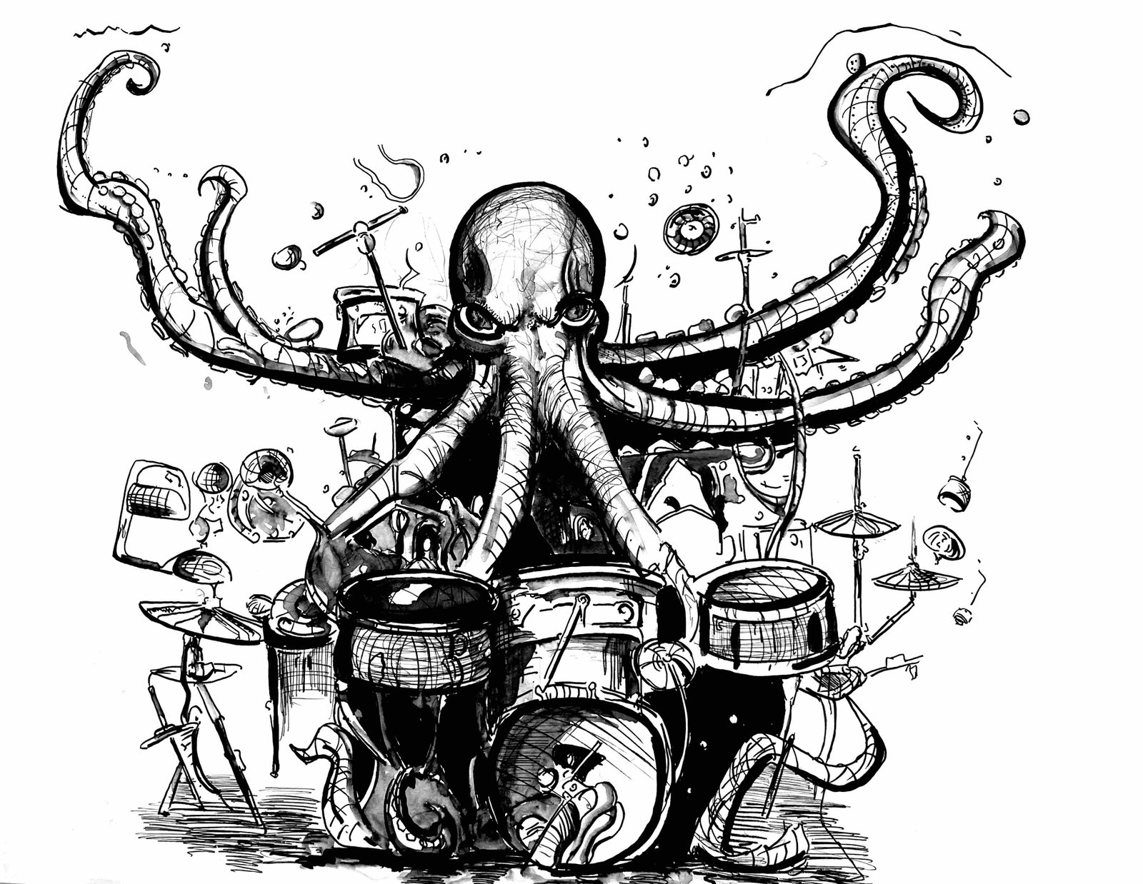 Illustration graphique en noir et blanc avec un personnage fantastique